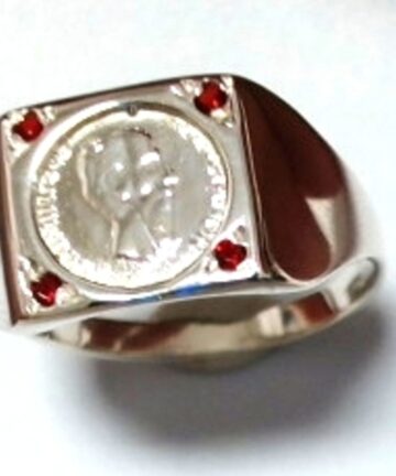 SR1921R SILVER RED CZ PESOS COIN RING